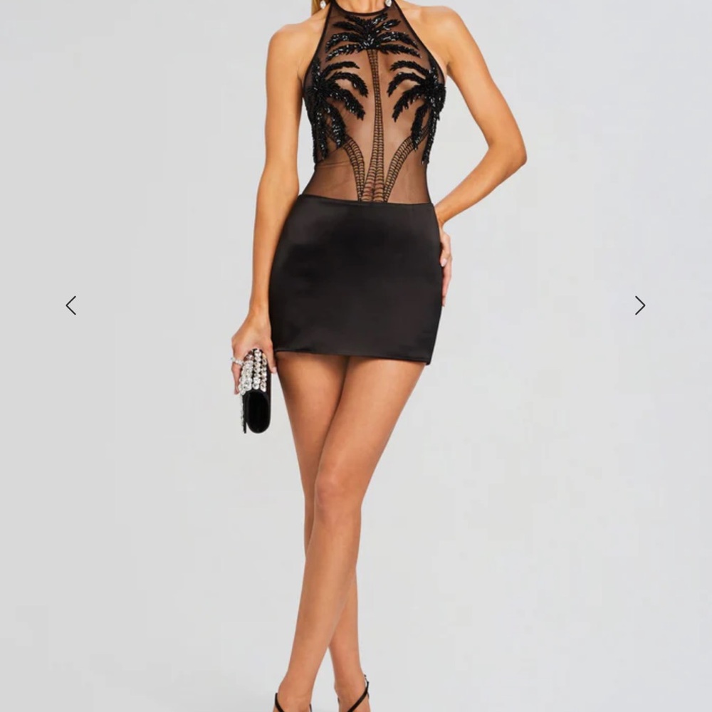 Retrofete Black Sheer Beaded Halter Mini Dress